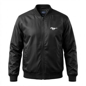 Ford Mustang Bomber Jacket Men XL Black Quilted Racing Full Zip Embroidered Logo
